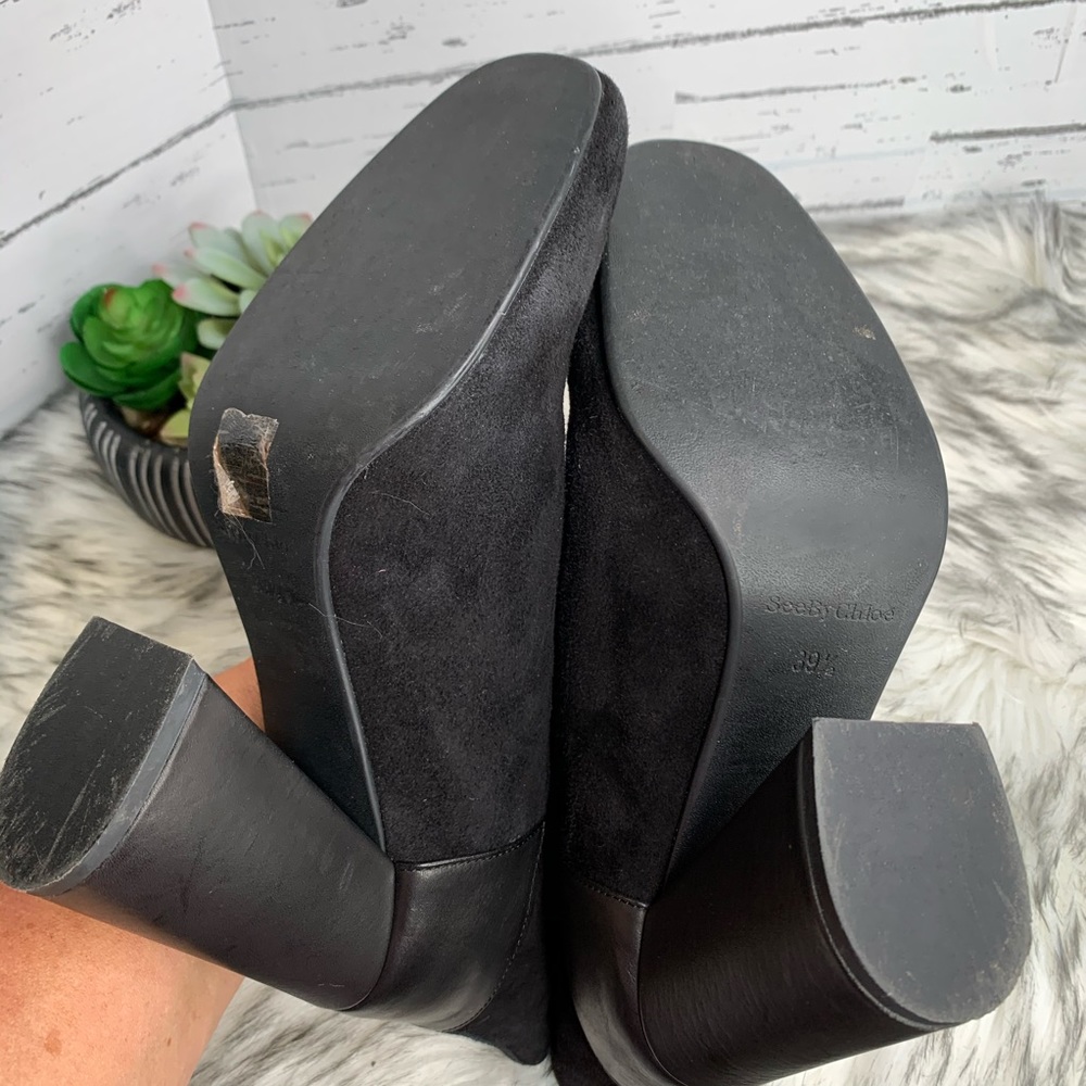 SEE BY CHLOE Luxury Minimalist Black Suede Square Toe Ankle Boots, 39.5/9.5 - Picture 10 of 14